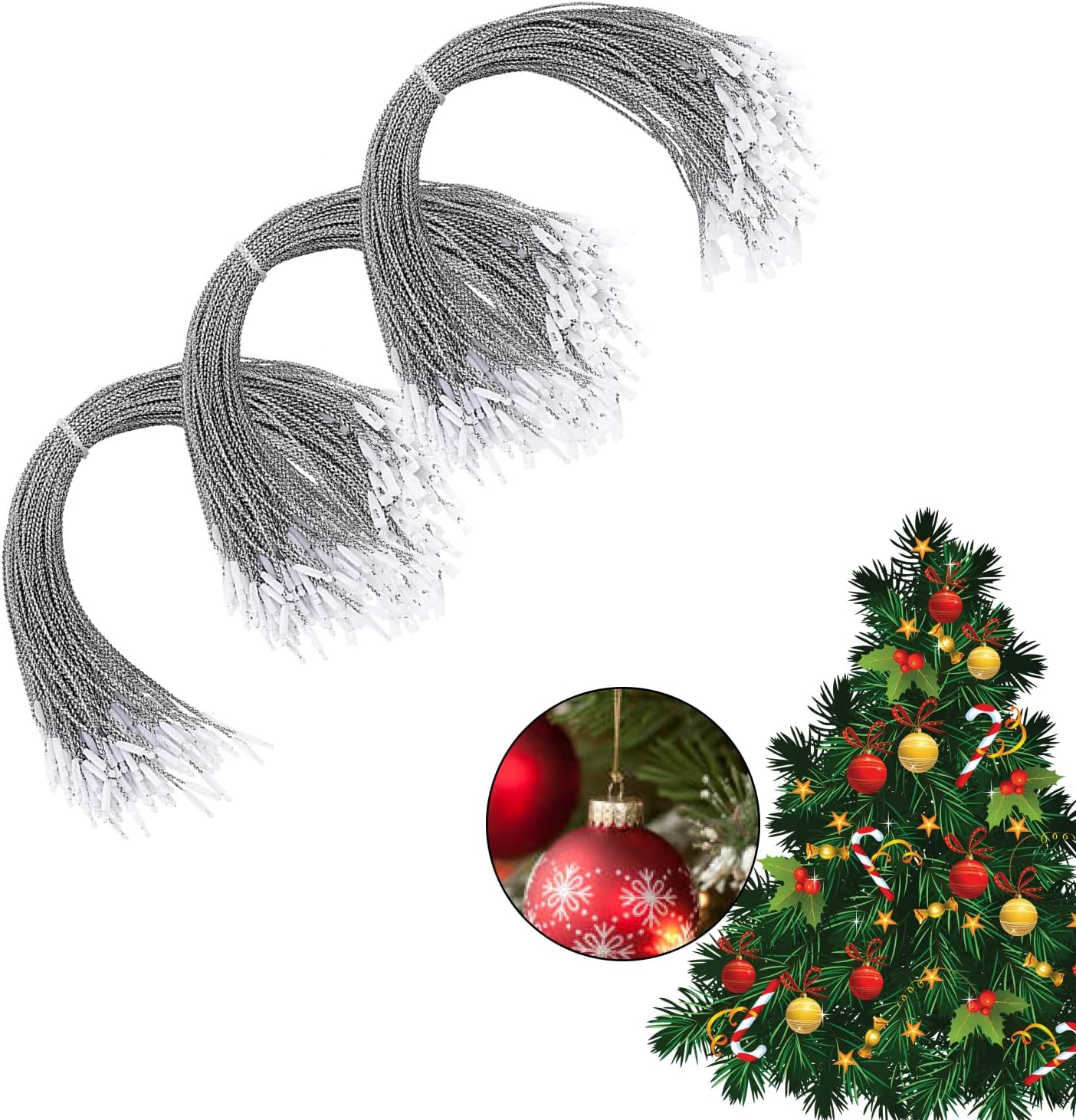 Ornament Hooks - 300pcs Christmas Ornaments Hanger String Precut Hanging Ropes for Christmas Tree Ornament Decorations with Snap Fastener (Sliver)