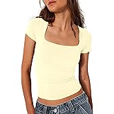 BAIGRAM Women Square Neck Crop Top Short Sleeve T Shirts Slim Fitted Going Out Tops Y2K Cute Summer Basic Tees Trendy