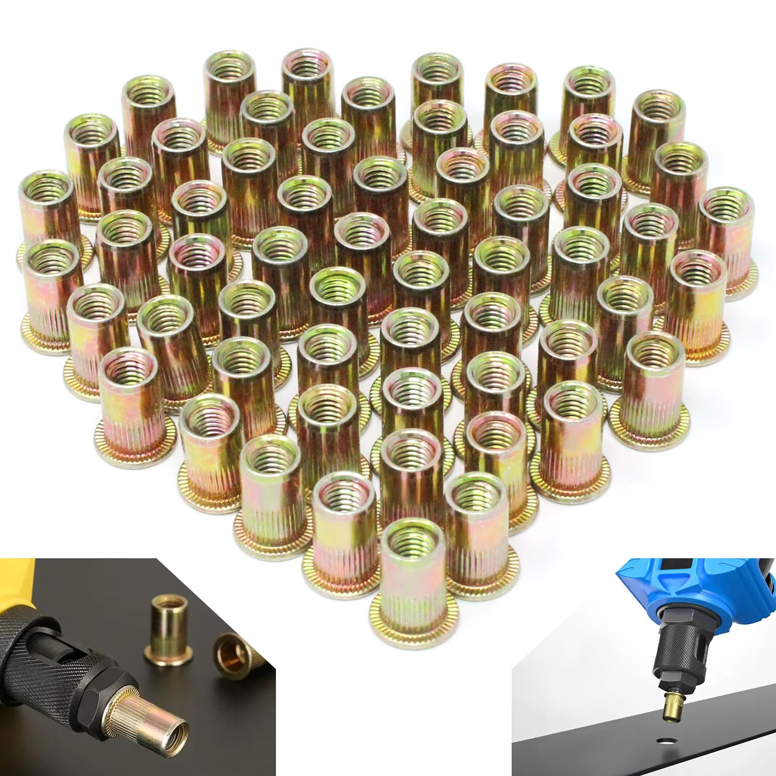 Wkmamo 120 Pcs M6 Rivet Nuts,Zinc Plated Carbon Steel Rivet Nut,Flat Head Threaded Rivetnut Insert Rivnut,Threaded Rivetnut Insert Nutsert