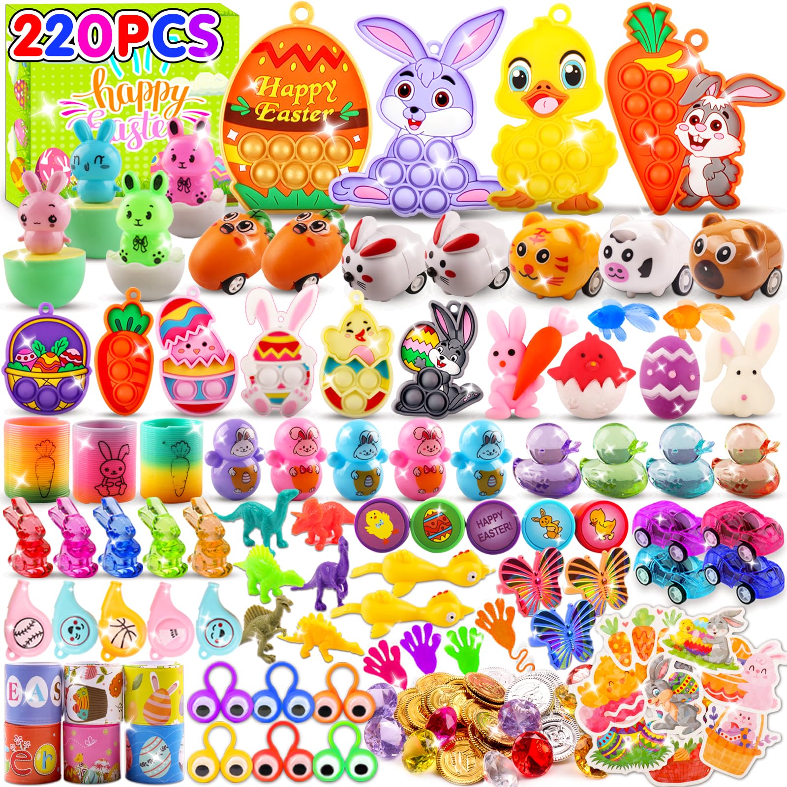 KissFree 220PCS Easter Egg Fillers, Easter Basket Stuffers for Kids, Assorted Small Toys Party Favors, Easter Egg Hunt Supplies, Classroom Prizes Goodie Bags Stuffers, Easter Treats for Boys Girls