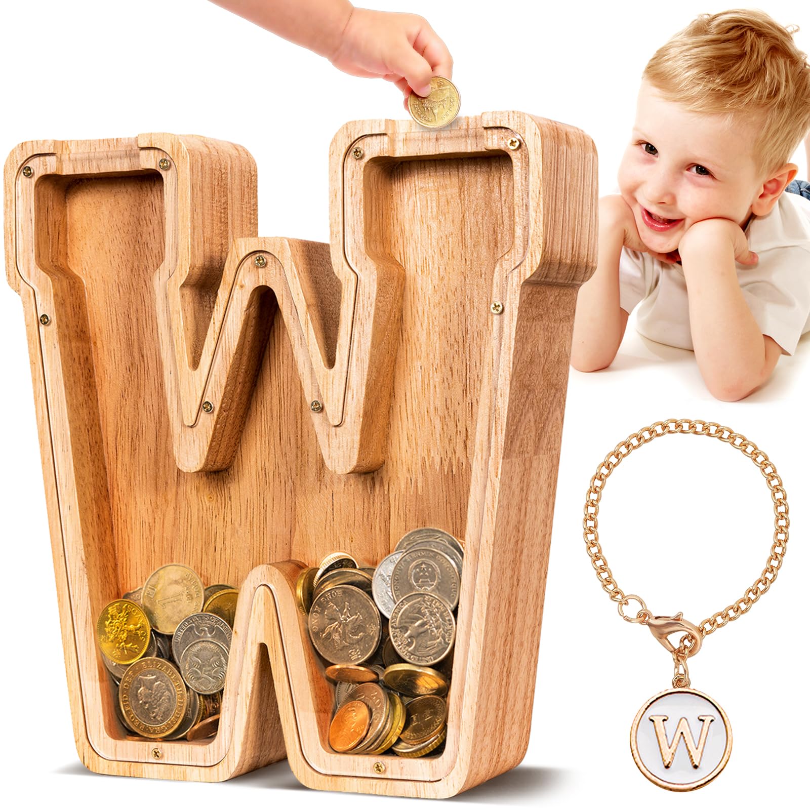 SummiDate Wooden Letter Money Box for Kids, Personalised Piggy Bank for Boys Girls Toddler, Alphabet W Coin Money Bank for Birthday Children's Day Gift