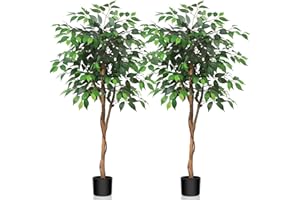 Kazeila 4 Feet Artificial Ficus Tree - Fake Silk Plants with Lifelike Leaves and Natural Wood Trunk - Faux Potted Tree for Indoor Home Decor - 2 Pack
