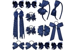 DEEKA Navy Blue School Hair Accessories Set 13 Pcs Uniform Hair Bow Headband Clips Hair Ties Curly Korker Bows for Little Toddler School Girls (Navy)