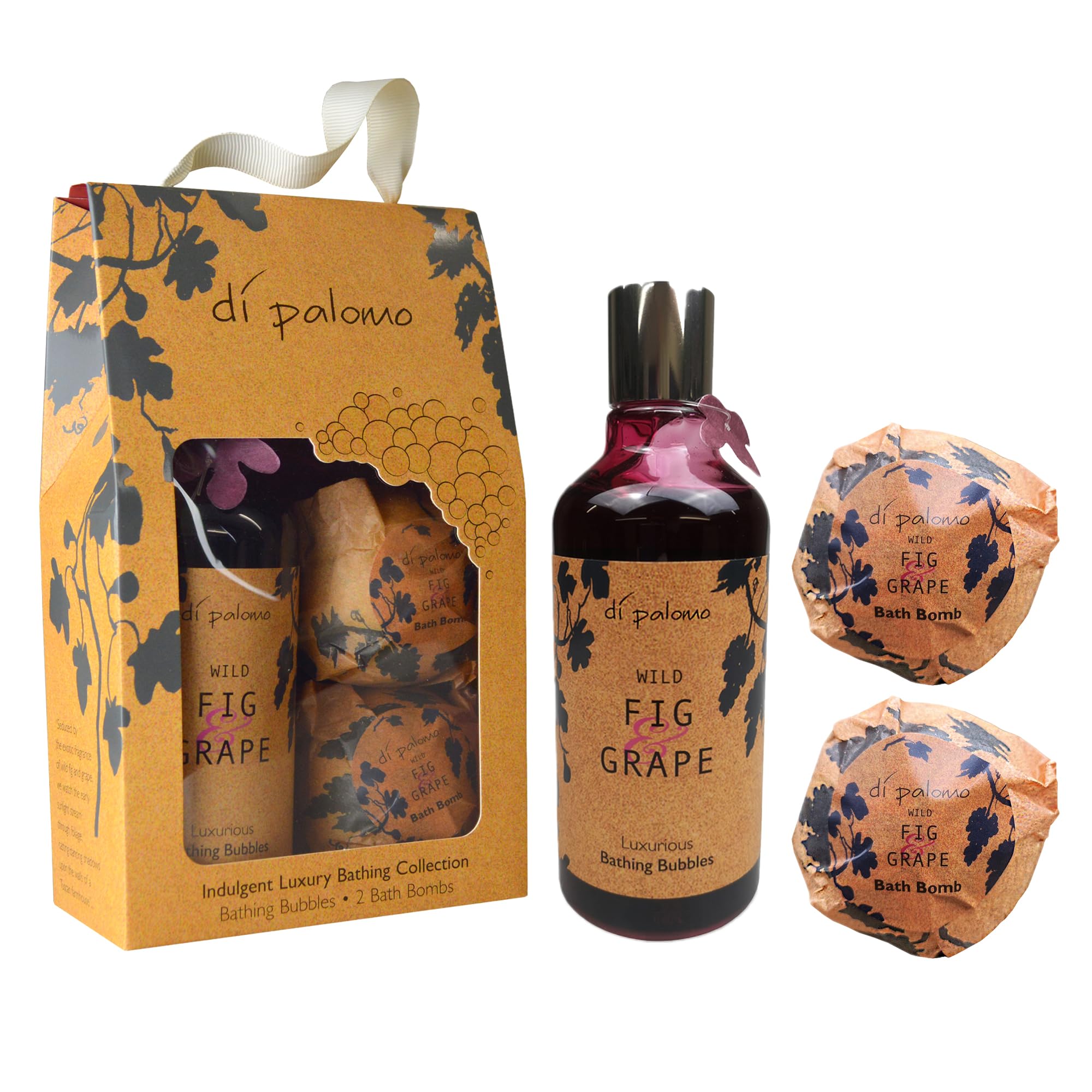 Di Palomo Vegan Wild Fig & Grape Indulgent Luxury Bathing Collection. Bathing Bubbles 300ml & 2 Bath Bombs. Bubble Bath Body Wash & Bath Bomb Bath Set. Vegan Bubble Bath & Shower Gel Gifts for Women.