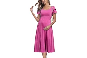 JINDIIM Ruffle Short Sleeve Maternity Dress High Waisted Midi Spring Baby Shower Dresses