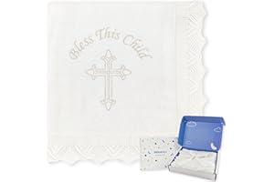 Pinuotu Baby Baptism Blanket – White Cotton Knit Christening Shawl with Embroidered Cross, Unisex Receiving Swaddle for Boys & Girls, 40x31 Inches, Soft Newborn Gift with Premium Gift Box