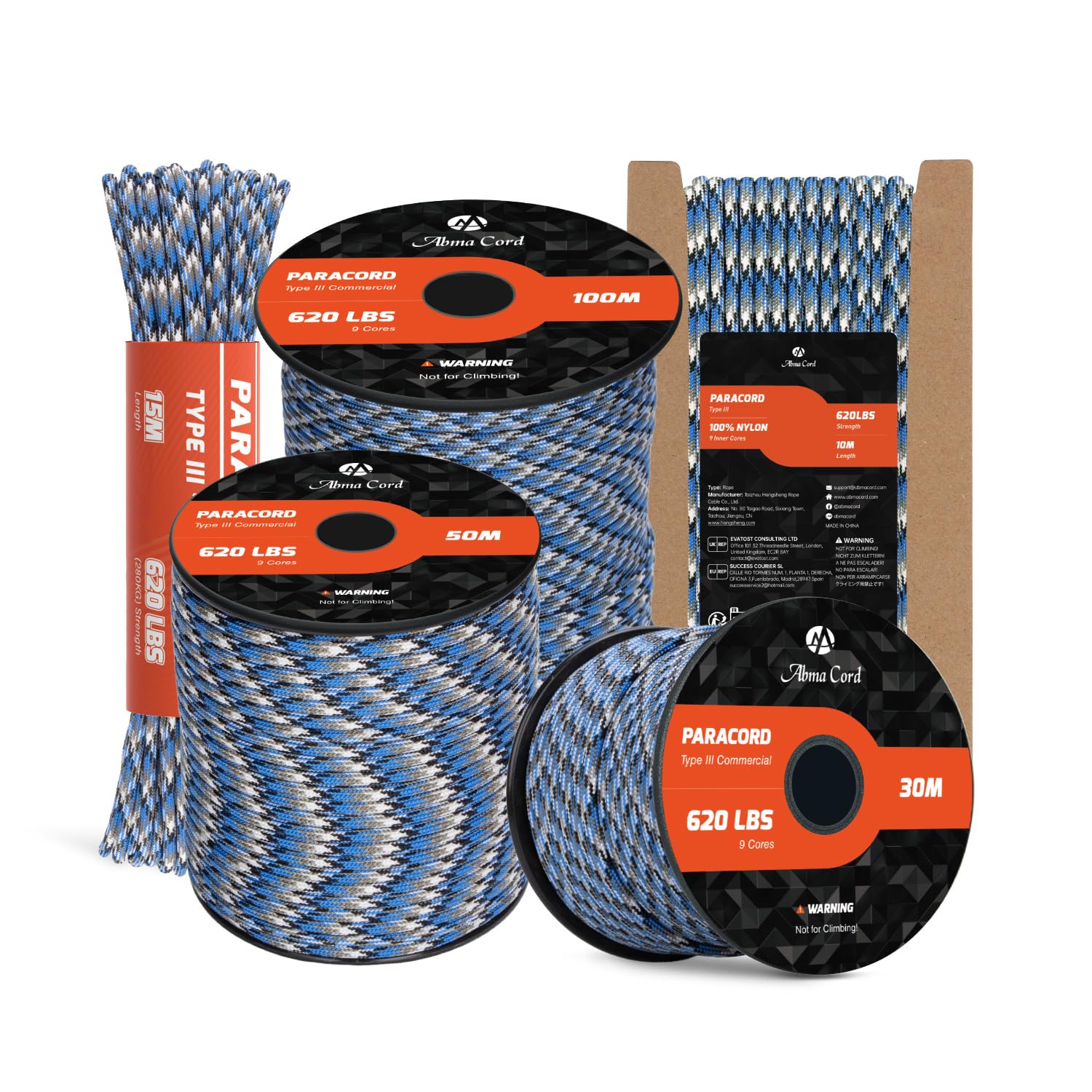 Abma Cord Paracord 4mm 15m 100% Nylon Rope 9 Strands Type III Parachute Cord for DIY, Camping, Survival, Outdoor - Max. 280kg - Blue Snake