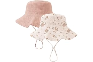 Konssy 2 Pack Muslin Baby Sun Hat UPF 50+ Sun Protection Baby Bucket Hat Summer Beach Hats with Wide Brim for Boys & Girls