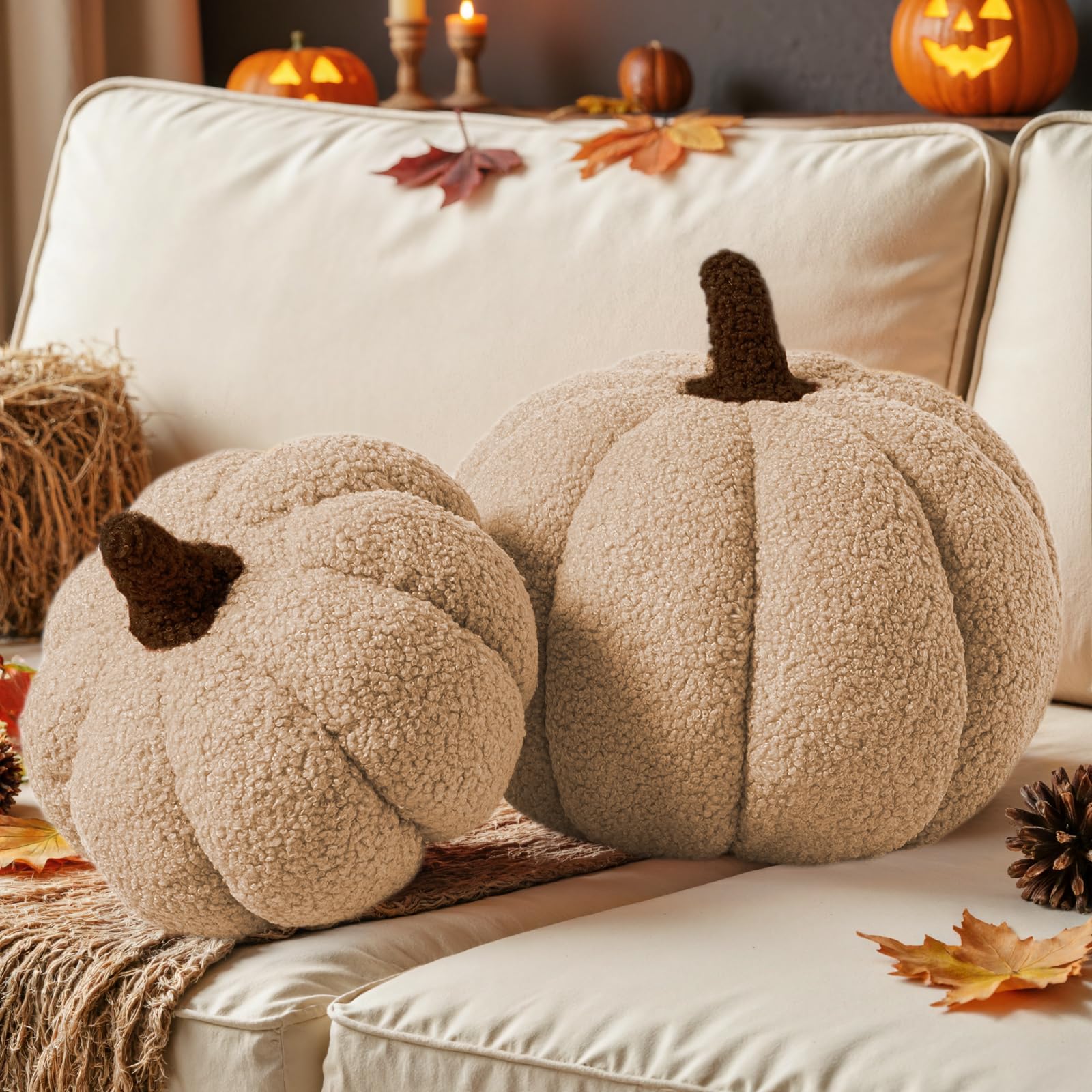 Photo 1 of Lanpn Fall Pumpkin Pillows Set of 2, Halloween Decoration Plush Throw Pillows Soft Fleece Sherpa Cute 3D Shaped Cushion for Sofa Couch Bedroom Autumn Thanksgiving (Beige, 12.6x8.7in & 9x5.9in)