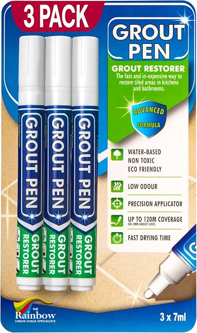 RAINBOW CHALK MARKERS 3x White Grout Pens - Tile Repair for Bathrooms & Kitchens