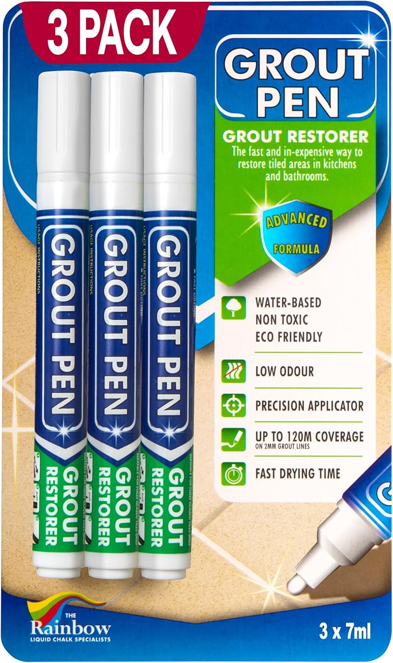 RAINBOW CHALK MARKERS 3x White Grout Pens - Tile Repair for Bathrooms & Kitchens