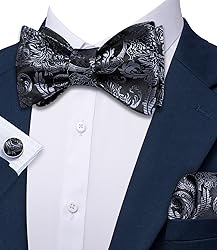 YOHOWA Mens Self Tie Bow Ties Black Grey Floral
