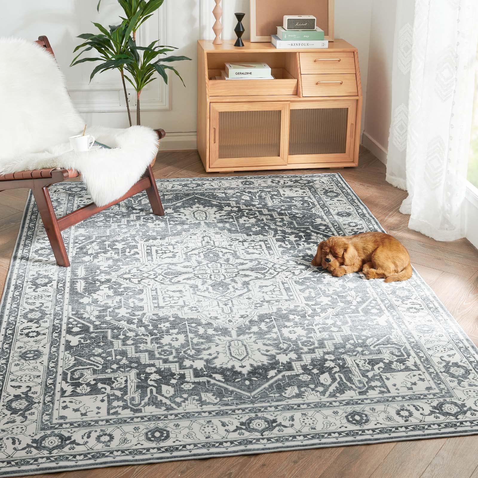 TOPICK Rug Washable Entrance Door mat Soft Vintage Grey Rug Non Slip Lightweight Carept for Living Room Bedroom Bathroom 90x150cm