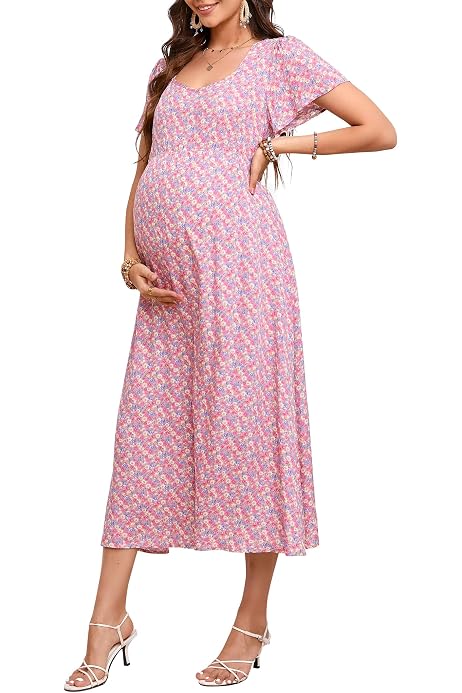 maternity summer casual dresses Womens Maternity Dress Summer Sleeveless Smocked Square Neck Ruffle Casual Boho Midi Dress Baby Shower Photoshoot Yellow S