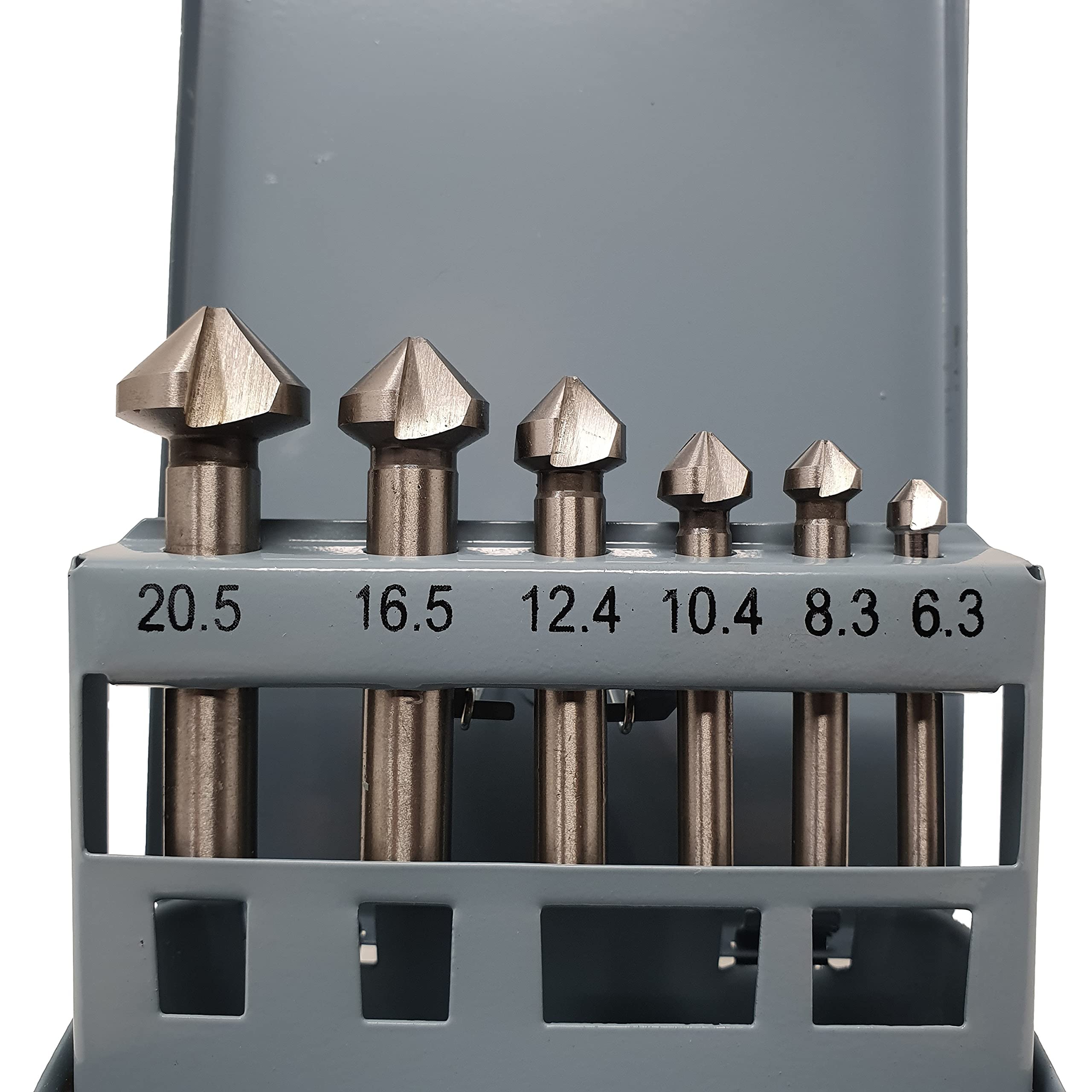 6-piece HSS-G countersink set 6.3 / 8.3 / 10.4 / 12.4 / 16.5 and 20.5 mm 90° Z3 in practical metal box