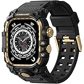 amBand Rugged Case with Band for Apple Watch 45mm, Compatible with Apple Watch (iWatch) Series 9/8/7, Military Grade Shockproof Bumper Cover, Tactical Band for Men, Black Gold
