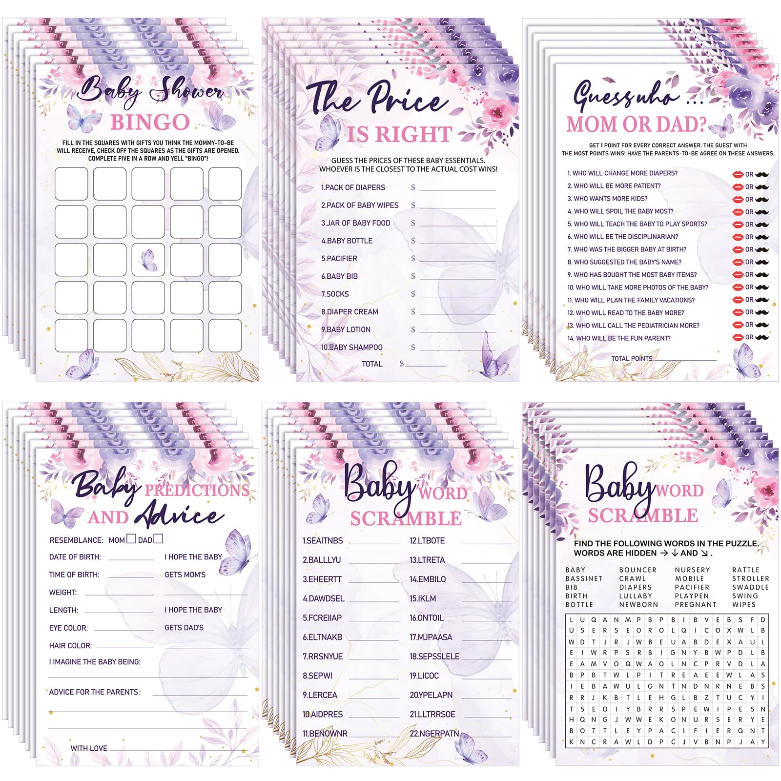 Photo 1 of Jetec 302 Pcs Butterfly Theme Baby Shower Games - 6 Games, 50 Sheets Each - Shower Party Bingo, Word Scramble, Word Search, Predictions and Advice, The Price is Right, Guess Who