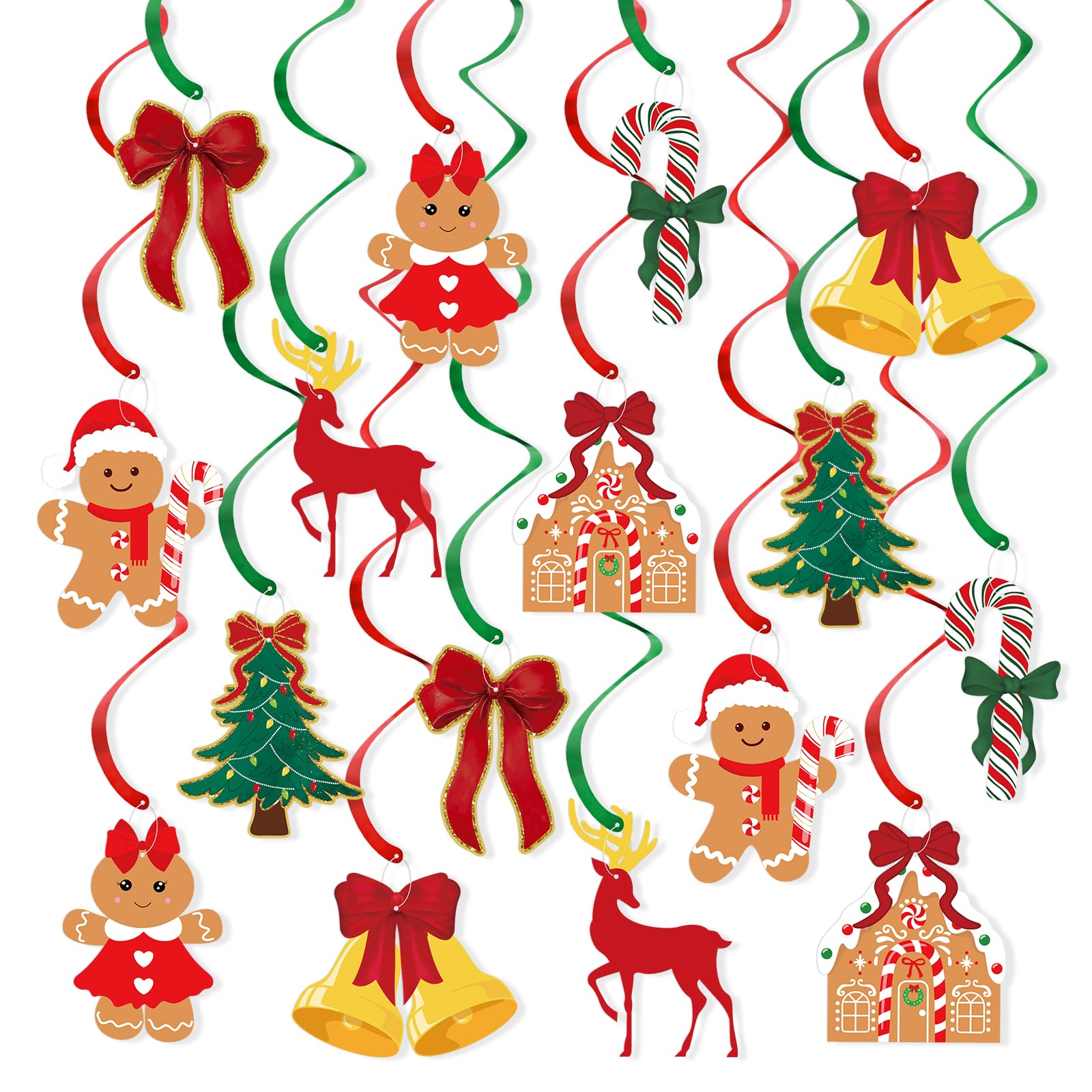 Photo 1 of Traditional Christmas Party Hanging Swirls Decorations, Retro Nostalgic Xmas Bow Gingerbread Ceiling Hanging Ornaments for Vintage Winter Holiday Party, Birthday Baby Shower New Year Home Office Decor