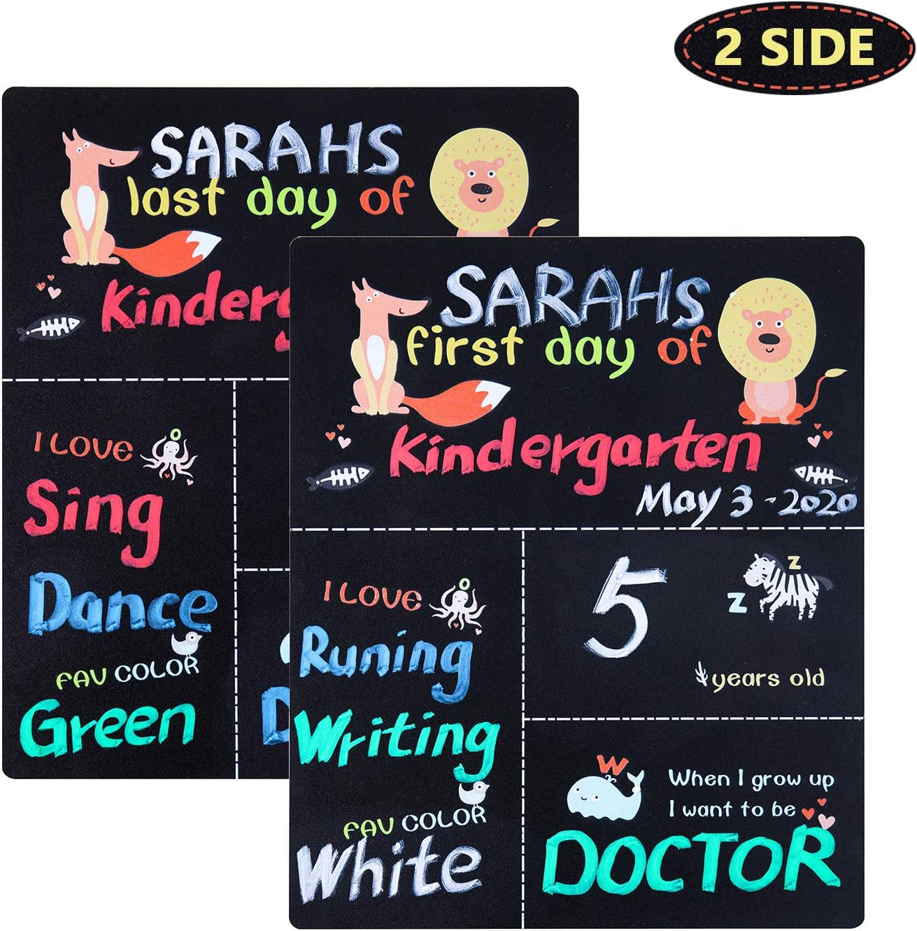 WONFUlity First Day of School Chalkboard 1st & Last Day of School Chalkboard Sign, Back to School Double-Side Reusable Board with Waterproof 12" × 10" Photo Prop, Fox Theme : Office Products