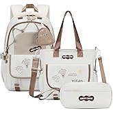 Woyiyaan School Backpack for Girls, 3PCS Girls Backpack with Tote Bag Pencil Case,Cute Teens Bookbag for Elementary Middle High School (Beige)