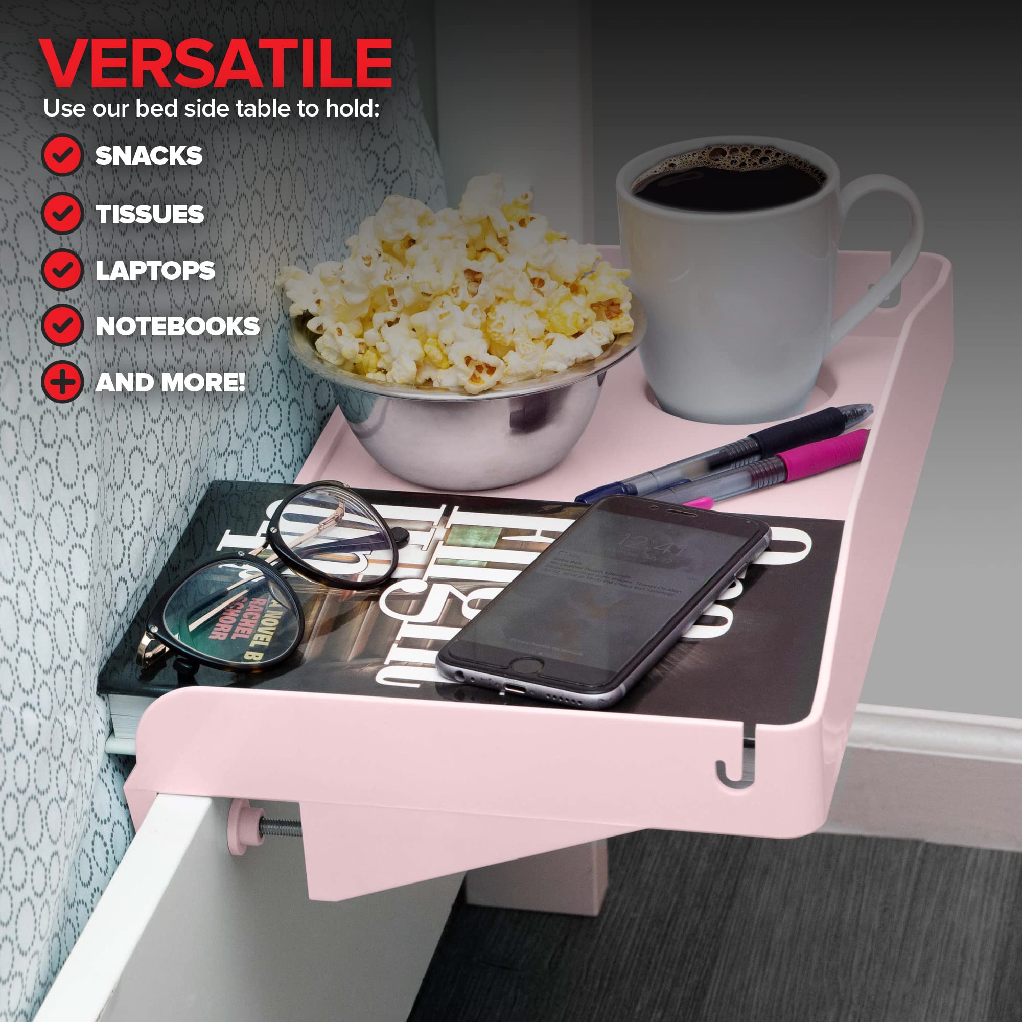 Modern Innovations Bedside Shelf for Bed, College Dorm Room, Bunk Bed Shelf for Top Bunk, Clip On Nightstand, Baby Changing Table Tray, Cup Holder for Kids, Bunkbed Caddy for Table Storage (Pink)