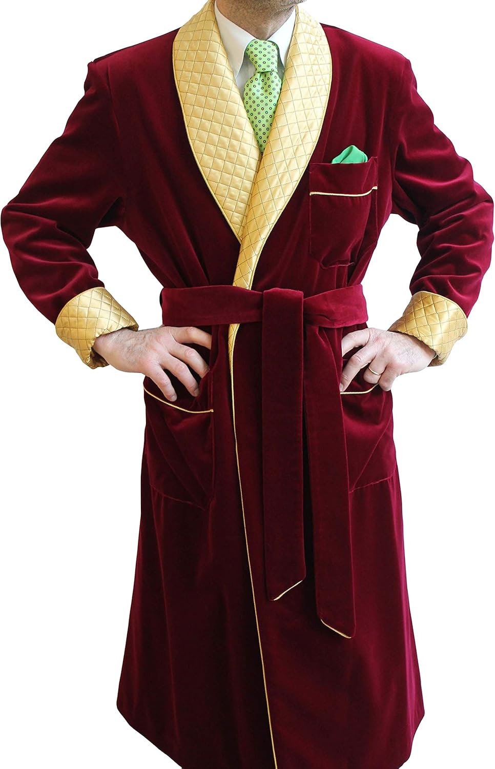 Pinkcity Men's Elegant Vintage Quilted Robes Burgundy Smoking Jacket Christmas Party Wear Long