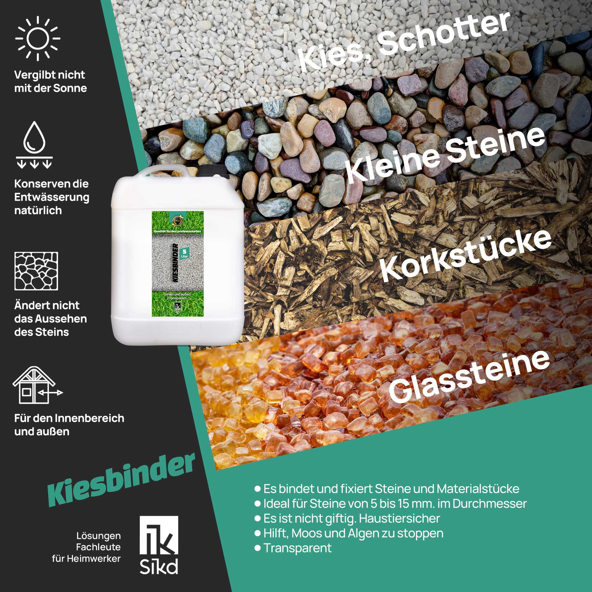 Bindemittel für Kieselsteine 5L. Perfekt zum Kieselsteine kleben oder als Kieskleber für Wege und Gärten. Kiesbinder farblos. Nassoptik. 2