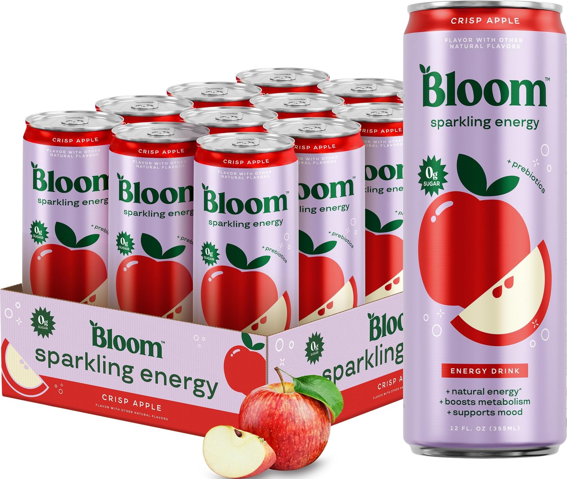 Bloom Nutrition Zero Sugar Energy Drink, Apple Crisp, 12oz 12pk