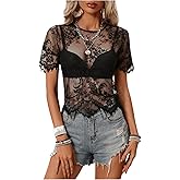 SweatyRocks Women's Floral Lace Sheer See Through Blouse Short Sleeve Crewneck Scallop Trim Shirts Tops