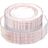 WDF 100pcs Rose Gold Plates Plastic Disposable - Baroque Clear and Rose Gold Plates for Parties or Weddings including 50PCS Dinner Plates 10.25’’ and 50PCS Salad Plates 7.5’’