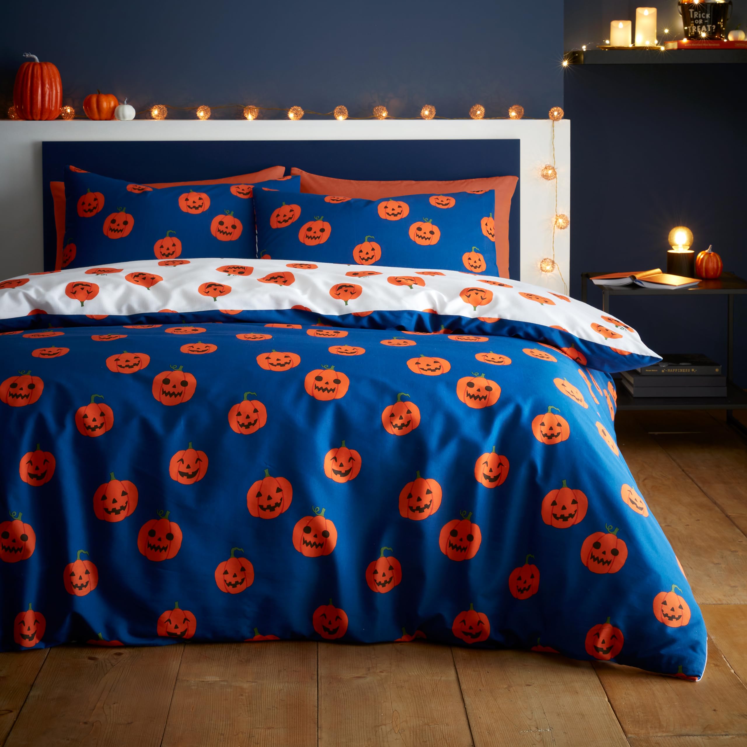 Catherine Lansfield Halloween Pumpkins Reversible Double Duvet Cover Set with Pillowcases Navy Blue