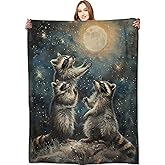 VODRM Raccoon Blanket Starry Night Throw Blankets,Birthday Gifts for Kids Adult & Wildlife Lovers,Lightweight Soft Fleece with Animal Under The Moon,for Sofa Couch Bed Room Decor 50x60in