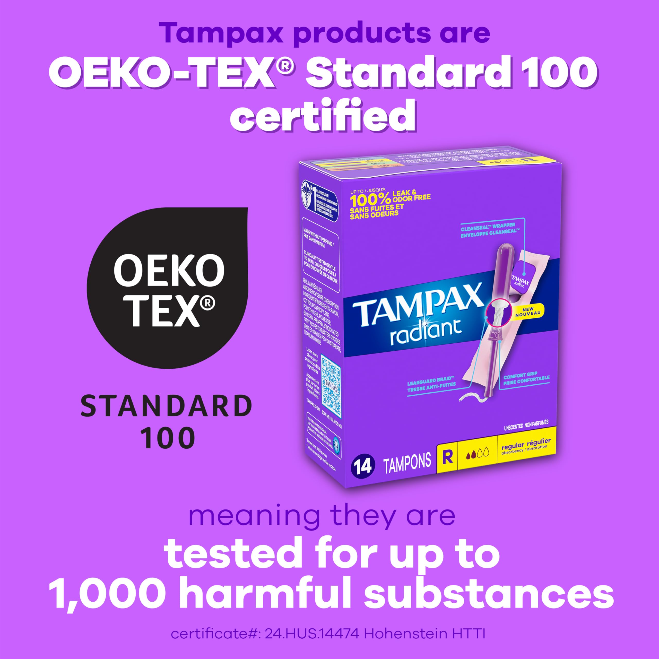 Tampax Radiant Tampons for Women Multipack, with LeakGuard Braid, Regular/Super Absorbency, Unscented, 84 Count (3 Packs of 28)