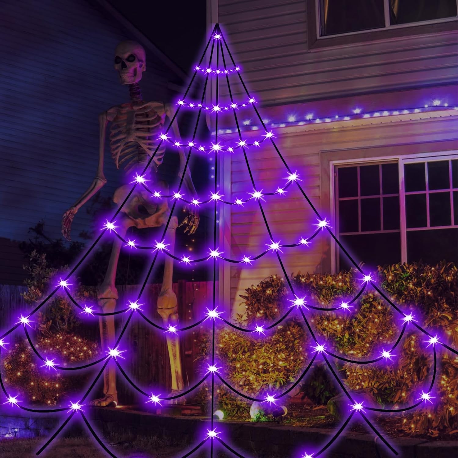 Outdoor Holiday Decorations - Yumhum 250 LED Purple Halloween Spider Web Lights Outdoor Decorations, 19.7FTx13.1FT Plug in 8 Twinkle Modes Giant Light Up Spider Web Decorations for Yard Home Decor Halloween Decorations