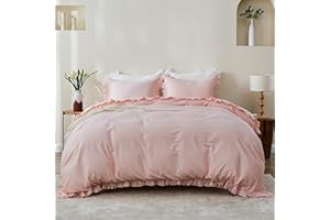 Simple&Opulence Kids 100% Organic Cotton Twin Duvet Cover Ruffle 2Pcs(1 Comforter Cover 1 Pillowcase) Cute Lace Vintage Boho Shabby Chic Farmhouse Bedding Set Teen Girls(Peach Pink,Twin)
