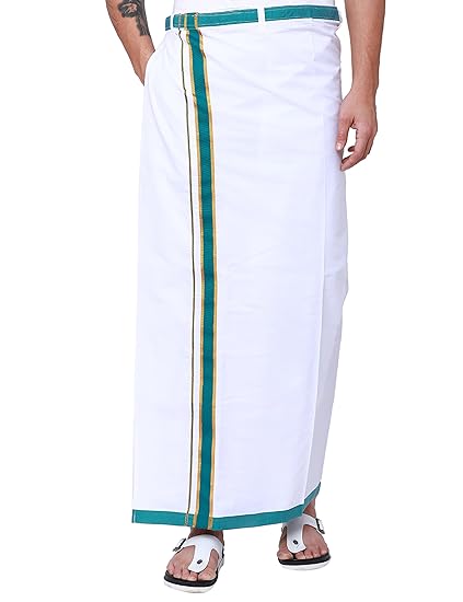 White& Green Cotton Solid Dhoti