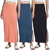 Real Essentials 3 Pack: Women's Ribbed High Waisted Maxi Skirt with Side Slit - Casual Long Pencil Skirt