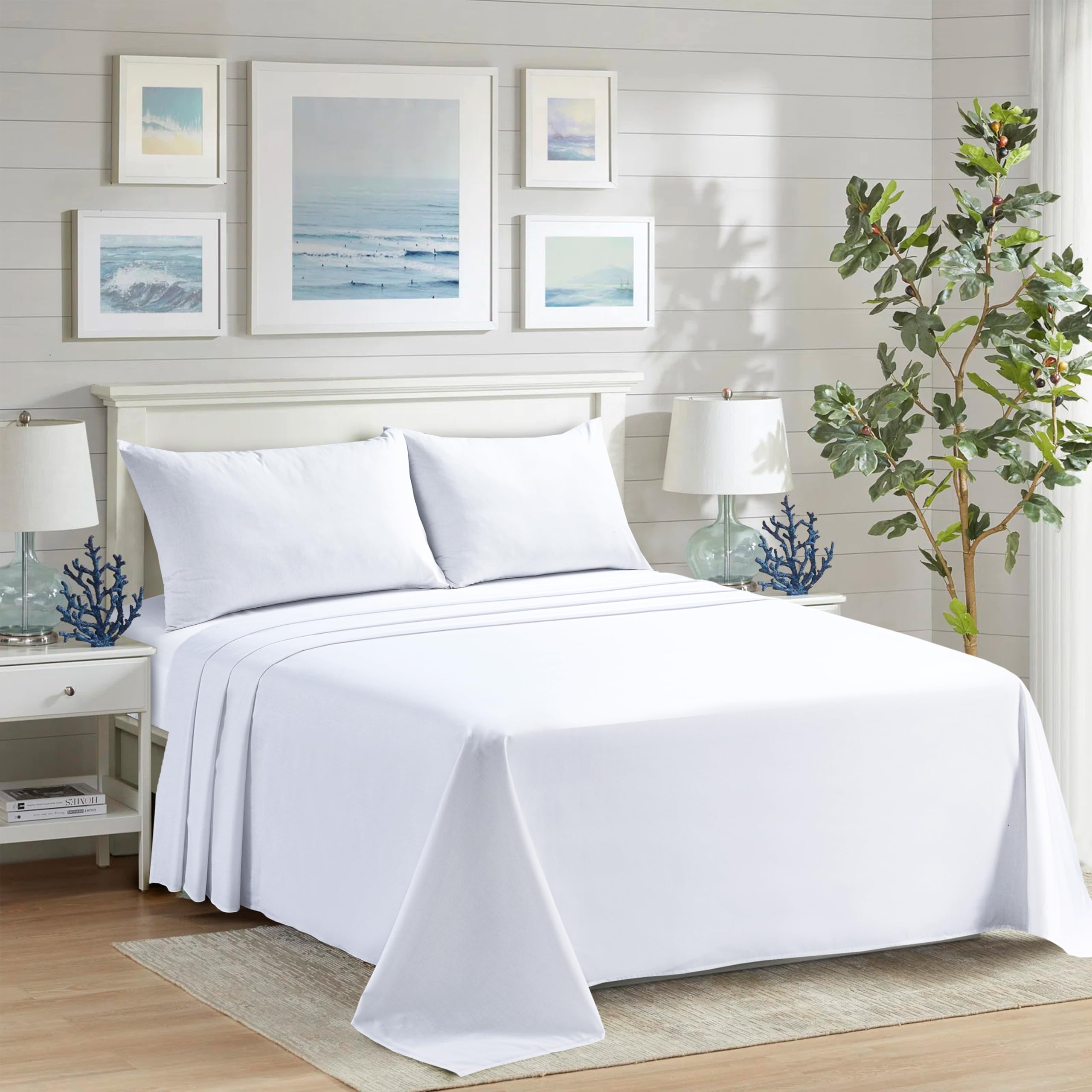 CHARKHAH Polycotton Flat Sheets with Single Double King Size Bed Ultra Soft Plain Top Sheet Dyed in Trendy Colors Hotel Collection Sheets Ideal for Winter & Summer Bedding (White, Single)