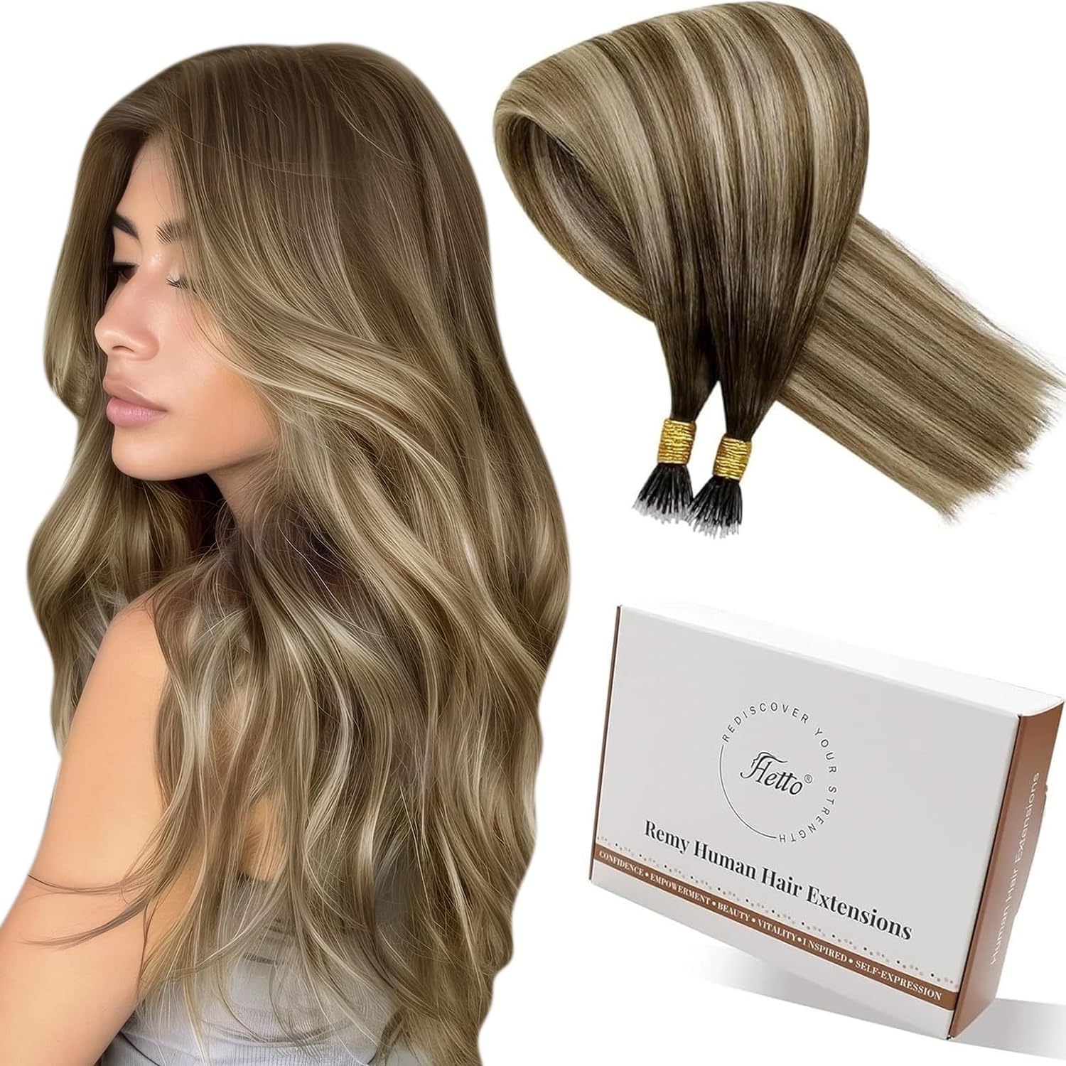Hetto Nano Hair Extensions Real Human Hair Brown Ombre Blonde 18 Inch - Balayage Brown to Blonde Nano Beads Hair Extension, Nano Rings Human Hair UK Salon-Grade 50 g 50 strands #3/8/22 — image 1