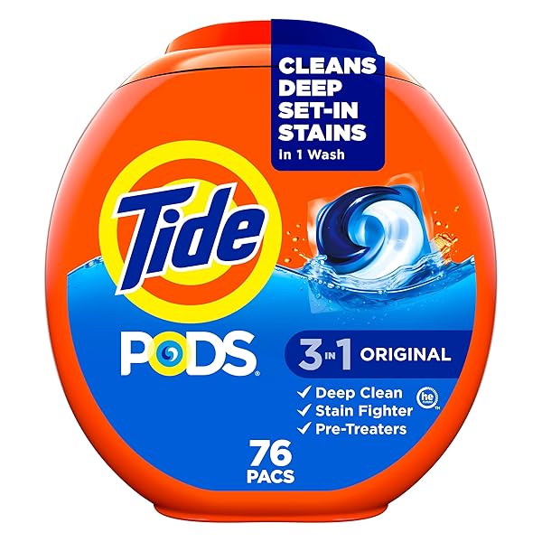 TIDE PODS LAUNDRY DETERGENT PACS, 3-IN-1 STAIN REMOVER, ODOR FIGHTER, COLOR PROTECTOR, 76 COUNT, HE COMPATIBLE, ORIGINAL SCENT