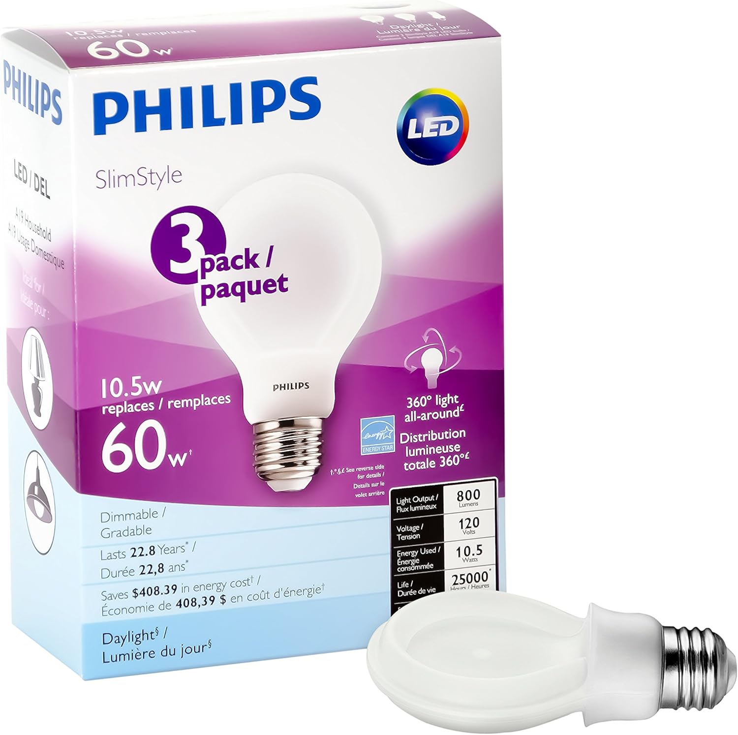 PHILIPS LED 10.5w = 60w A19 SlimStyle Daylight (5000K)3 Pack, LED