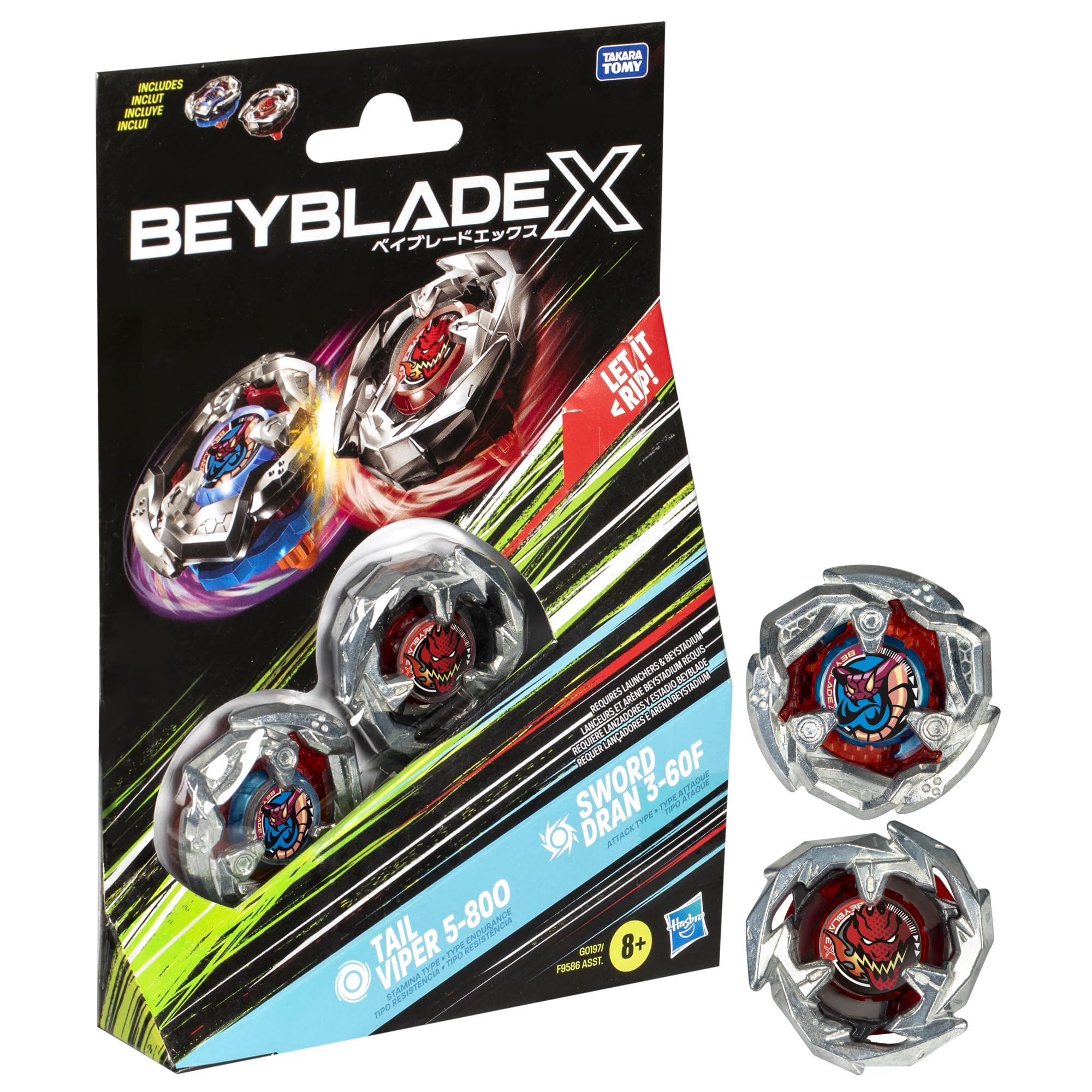 Beyblade X Tail Viper 5-80O and Sword Dran 3-60F Top Dual Pack Set, Includes 2 Right-Spin Tops, Spinning Toys for 8+ Year Old Boys and Girls, Action-Packed Battles