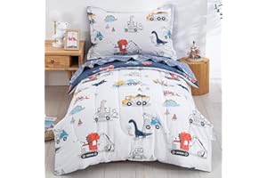 DJY 4 Pieces Cotton Toddler Bedding Set, Dinosaur Cars Reversible Toddler Bed Comforter Set for Kids Boys Girls, Includes Quilted Comforter, Flat Sheet, Fitted Sheet and Pillowcase