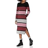 Cable Stitch Women's Stripe Ribbed Dress - Crewneck Long Sleeve Colorblock Bodycon Fitted Midi Sweater Dress