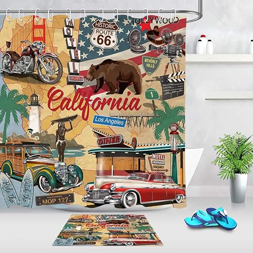 Amazon Com Lb Vintage American Shower Curtain Route 66 Decor With California Historic Bear Motel Dinner Cars Travel Shower Curtain 72x72 Inch Waterproof Poster Style Bathroom Decor With 16x24 Inch Bath Mat Home