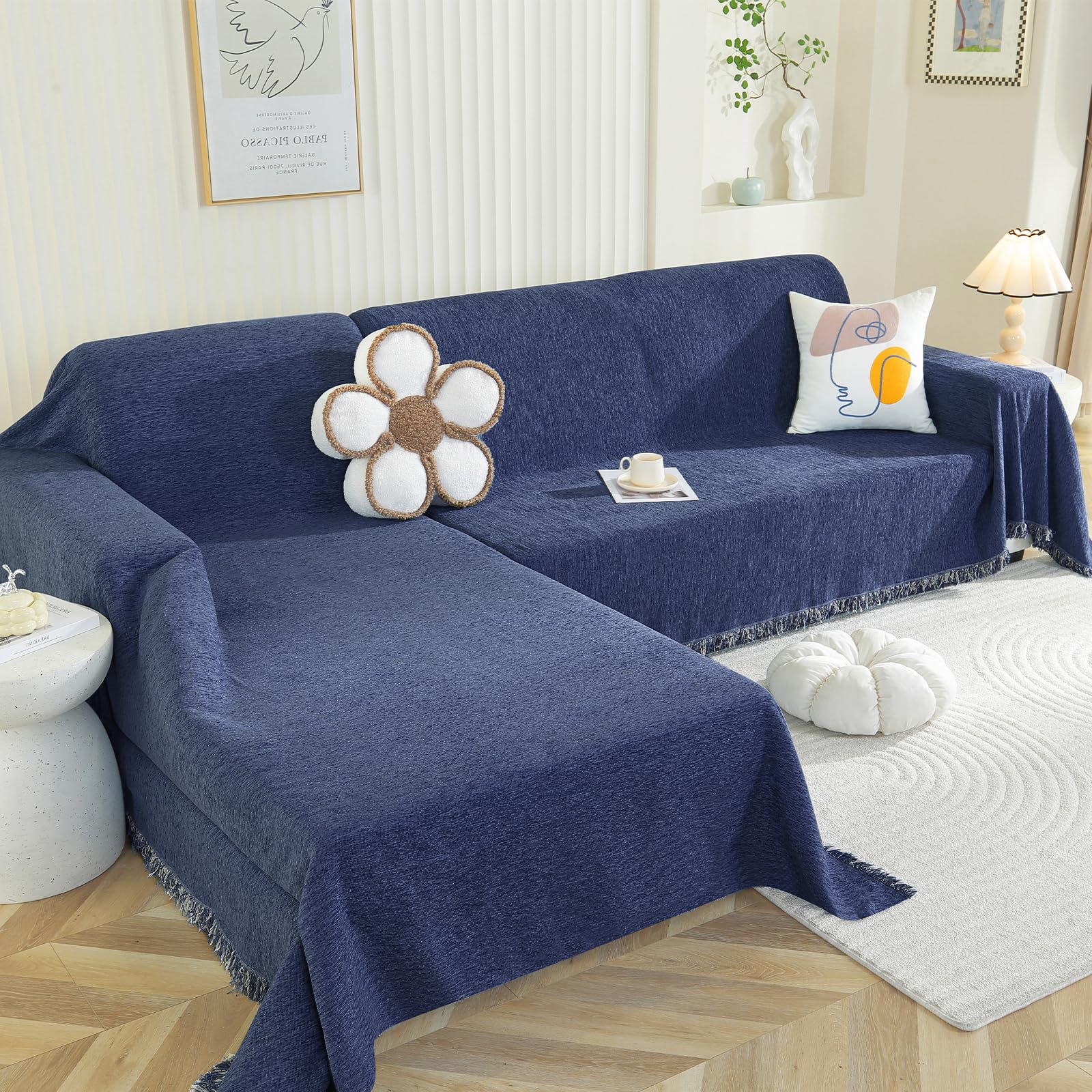 Photo 1 of Royhom Sectional Couch Covers 2 Pieces, L Shaped Couch Cover Blanket, Chenille Sofa Covers Washable, Sofa Slipcover with Tassel, Suitable for All Seasons (71"x118"+91"x134", Navy Blue)