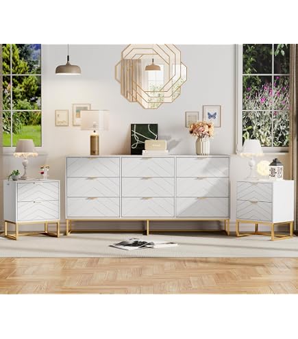 white and gold dresser and nightstand set 3 Piece Modern Bedroom Set, 5 Drawer with 2 Nightstands, inspired look and feel Size:18 1/2 REG women's dress long Puff Sleeve Ever-Pretty Embroidered Sequin V-Neck