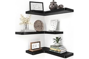 fuqing Corner Floating Shelves for Storage, Set of 3, Solid Wood, Wall Mount Wooden Display Shelf for Bathroom Bedroom Kitchen Garage, Black