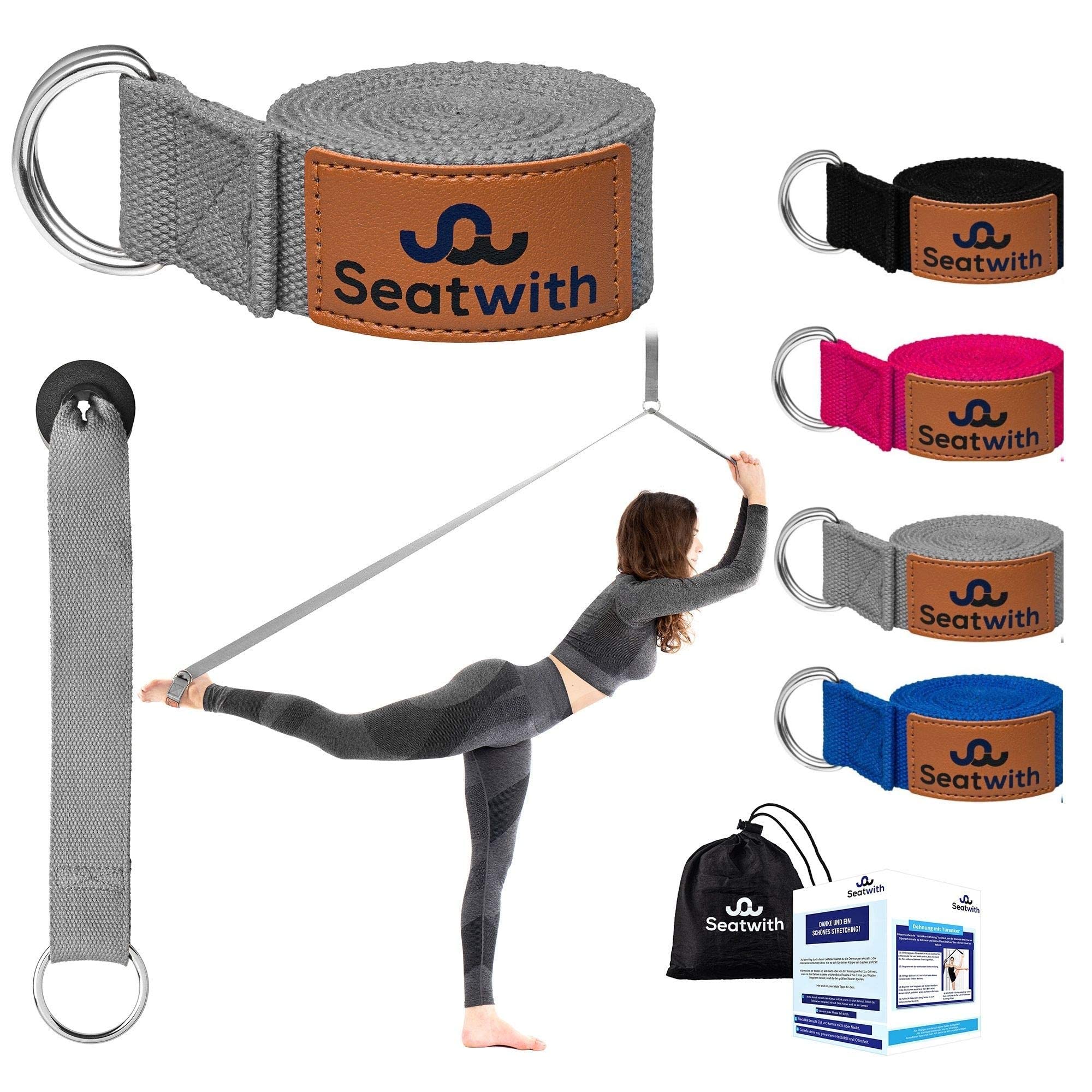 Seatwith Yoga Strap with Loops - Exercise Straps 200 X 4 cm Leg Stretcher with 10 Loops - Transport Bag + Training Instructions Included - Stretching Bands for Flexibility - GRAY