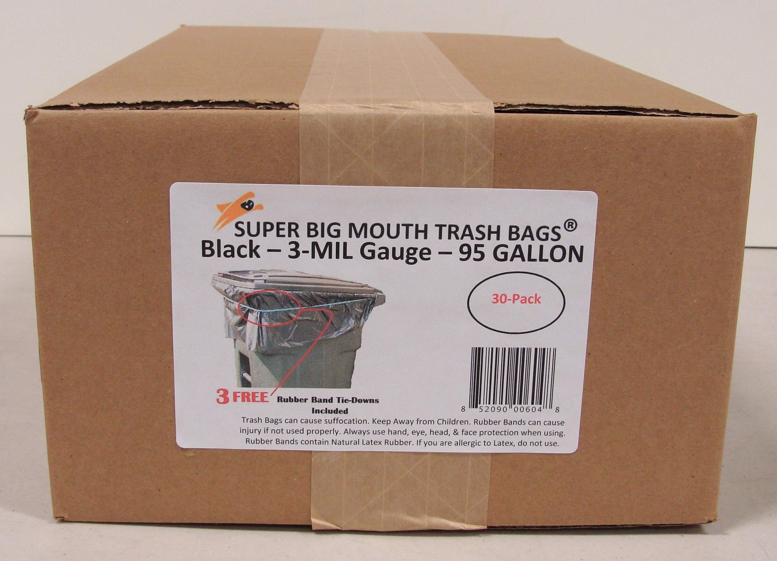 95 Gallon Super Big Mouth Trash Bags 30-Pack Plus 3 Free Rubber Tie Down Bands